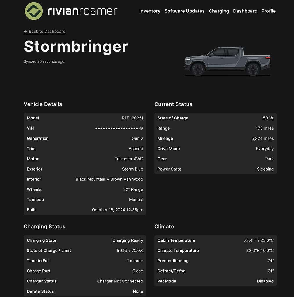 Rivian Roamer Dashboard Vehicle Data